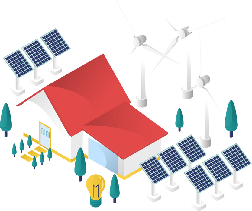 Illustration of a modern home with solar panels and wind turbines